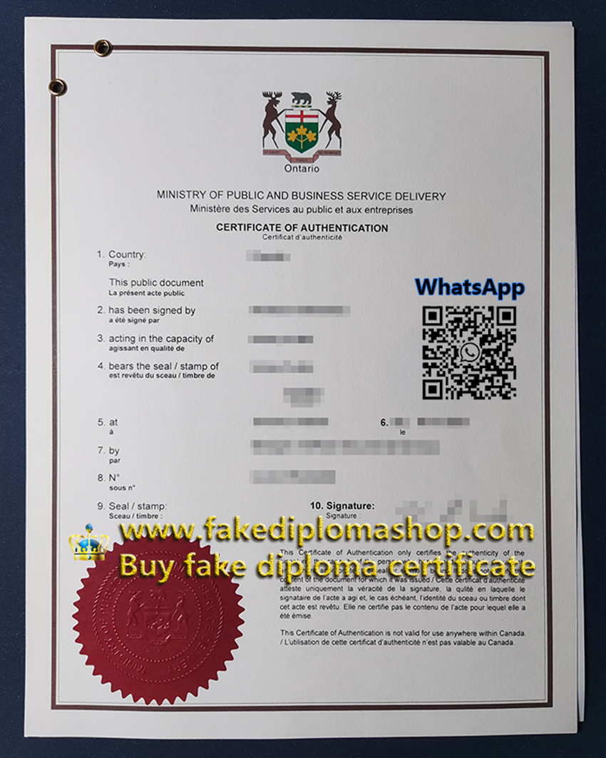 Canada certificate of Authentication